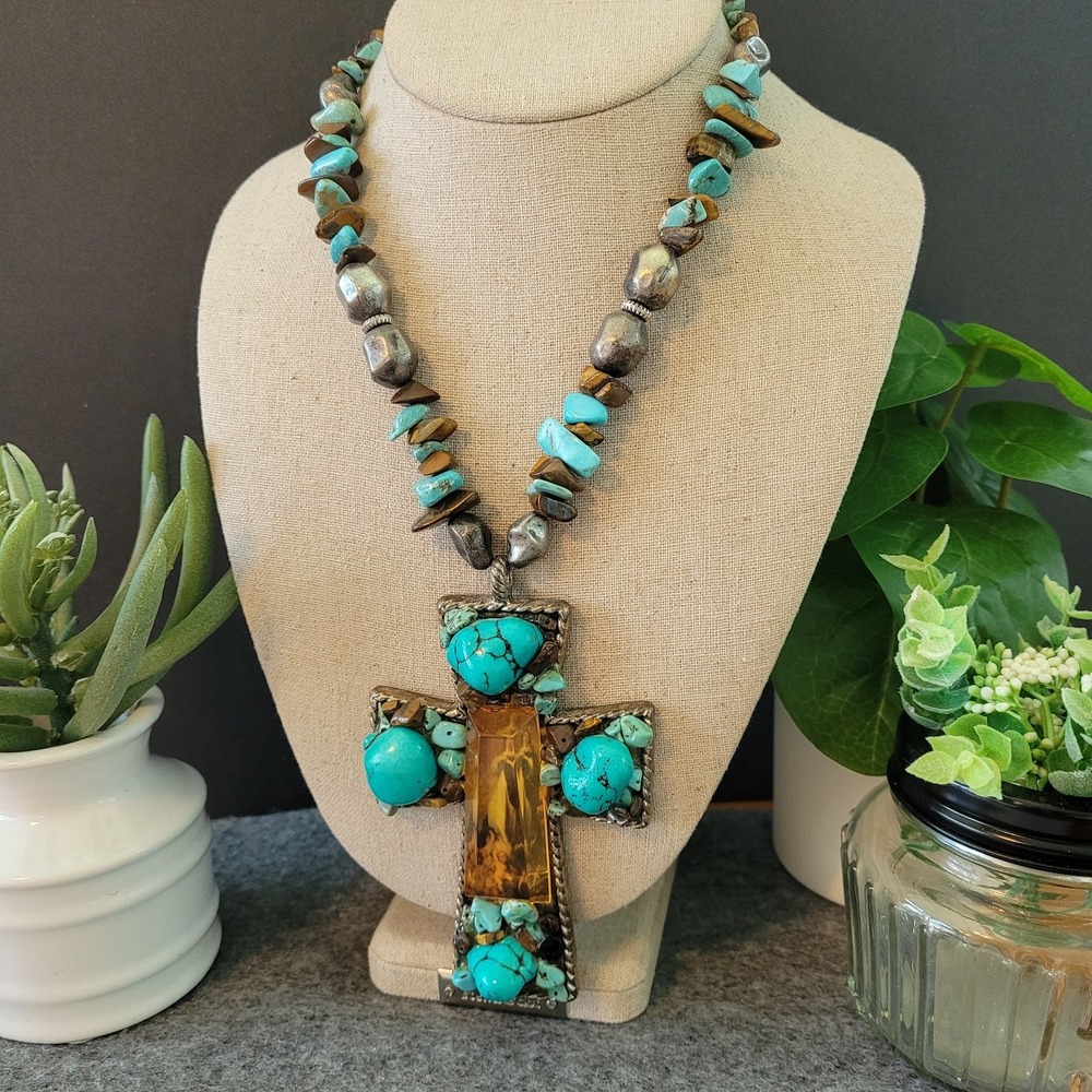 Christian Cross Genuine Turquoise Tiger Eye Statement Necklace 17in